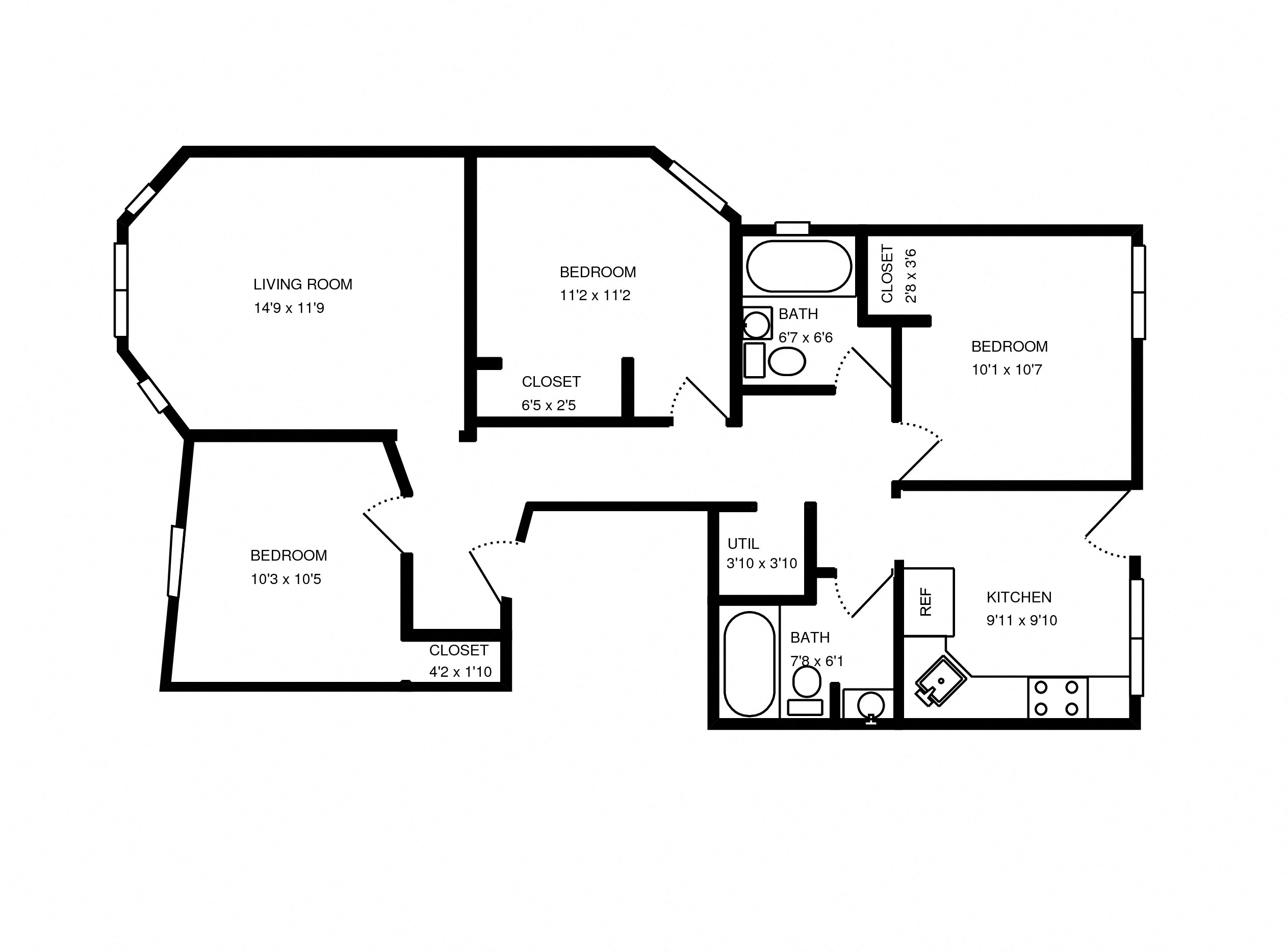 Floor plan for 3 beds, 2 baths, 825 sqft